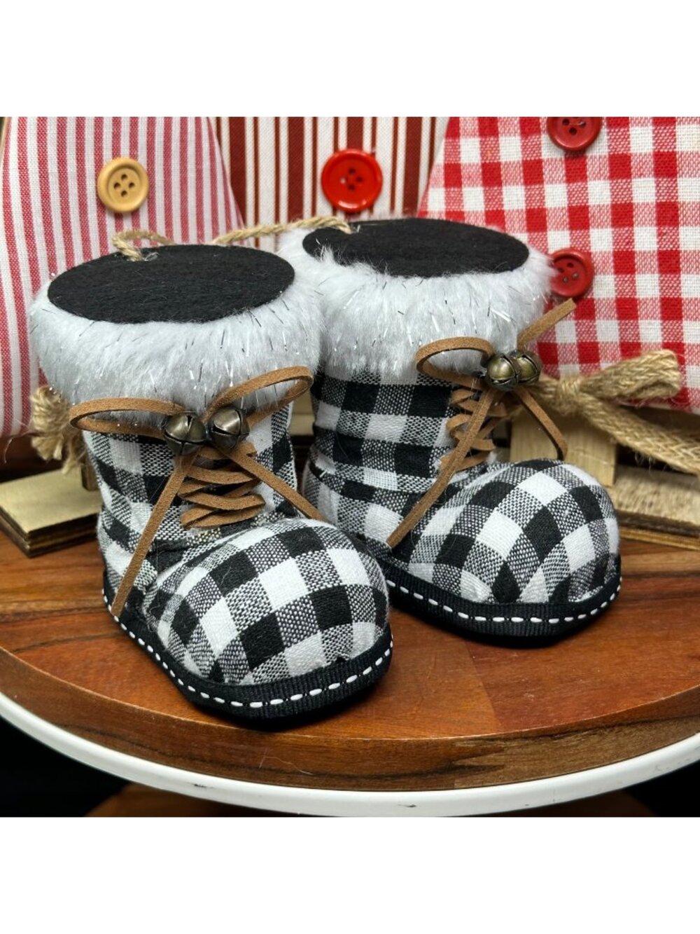 Christmas Holiday Santa Boots Ornament Buffalo Plaid Check Faux Fur Trim Bells